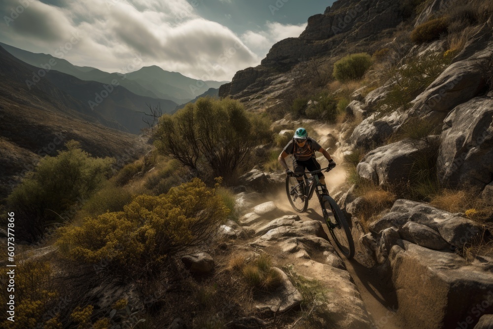 Fototapeta premium mountain biker riding down steep, rocky trail, created with generative ai