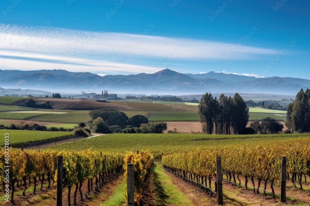 vineyard with rolling hills and distant mountains in the background, created with generative ai