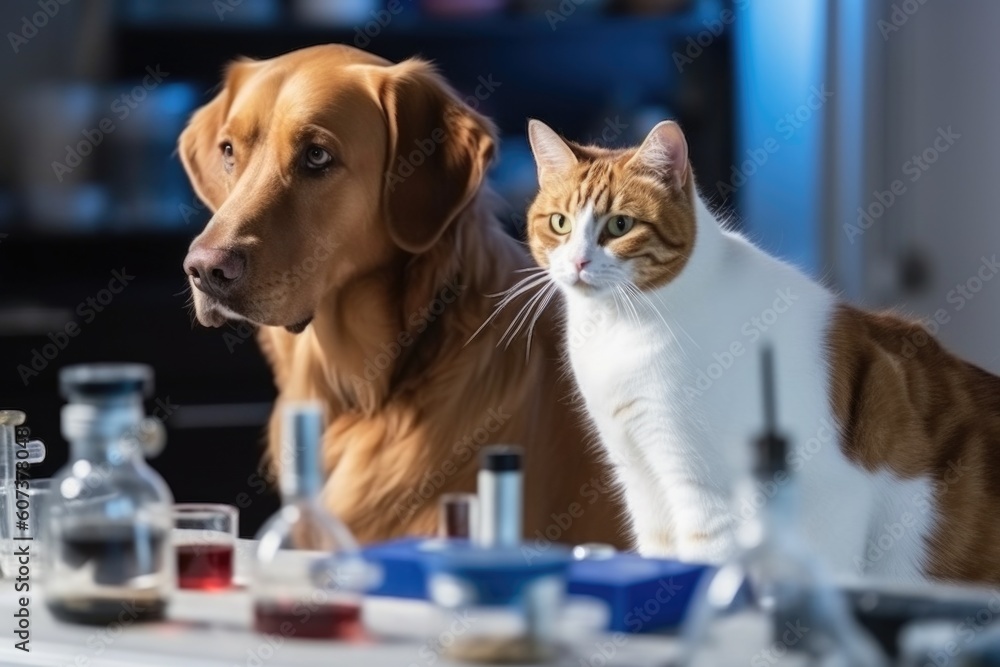 feline and canine scientists in laboratory conducting experiment ...