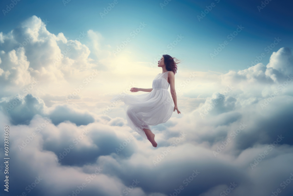 A Woman's Serene Flight Above the Clouds. Generative AI A Woman's Serene Flight Above the Clouds. Generative AI