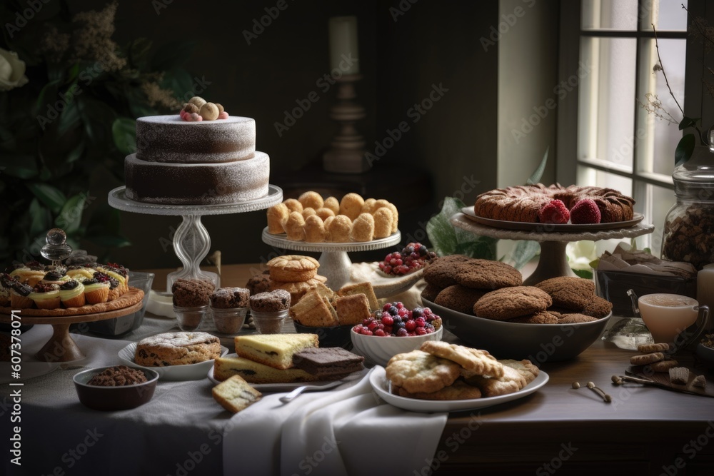 table, set with a variety of holiday pastries, cookies and cakes, created with generative ai