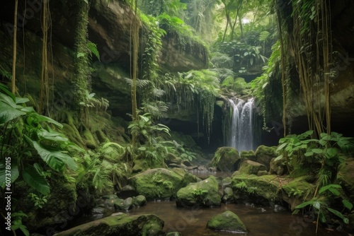 lush jungle landscape with waterfall cascading over rock formations  created with generative ai