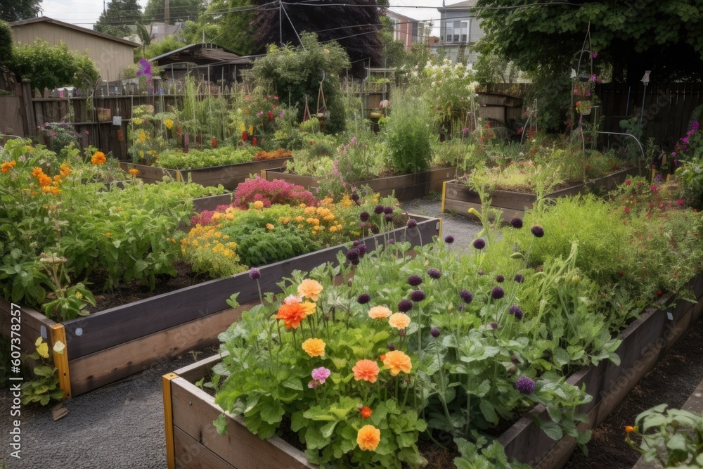 community garden, with rows of vegetables and herbs, blooming flowers and buzzing insects, created with generative ai community garden, with rows of vegetables and herbs, blooming flowers and buzzing insects, created with generative ai