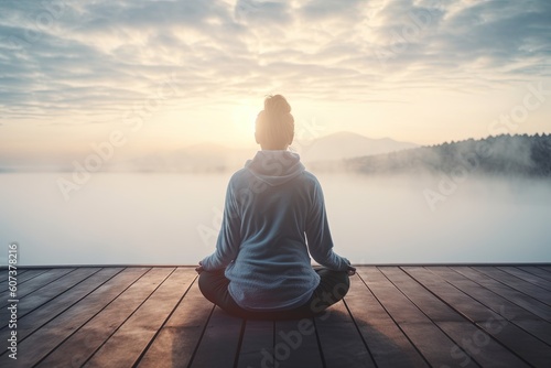 Mid aged white woman meditating on a wooden terrace with foggy lake at sunrise. Healty, peacefull lifiestyle. Generative AI