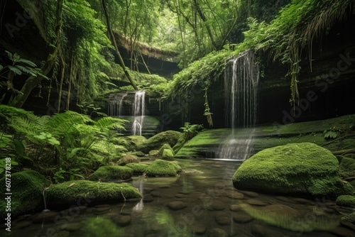 serene scene of cascading waterfalls  surrounded by lush greenery  created with generative ai