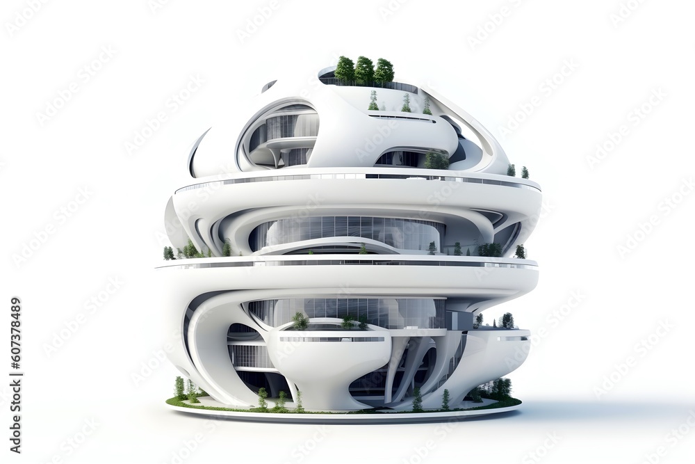 3D futuristic sci-fi city architecture with organic skyscrapers on white background, for science fiction or fantasy backgrounds, Generative AI illustration