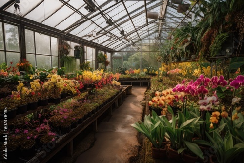 greenhouse filled with colorful orchids and bromeliads  created with generative ai