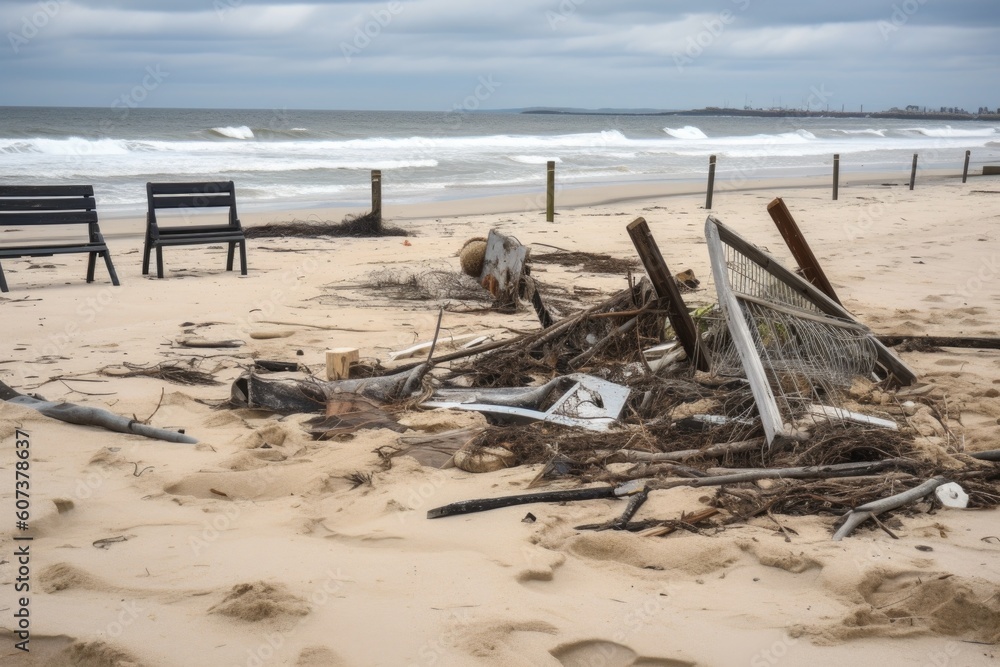beach cleanup after storm, with broken fences and debris scattered across the sand, created with generative ai beach cleanup after storm, with broken fences and debris scattered across the sand, created with generative ai
