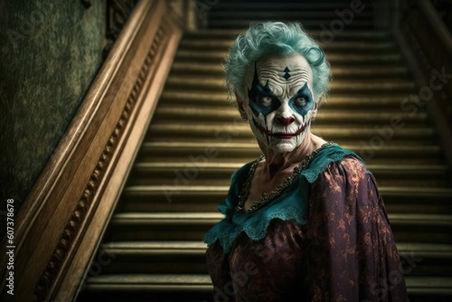 An old woman in the image of a joker, a joker mask is painted on the face of an older woman, generative AI.