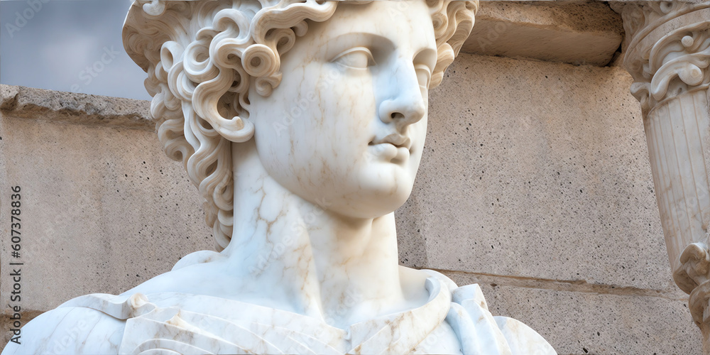 Marble head statue of an ancient Greek god apollo on greek architecture interior background. Ancient greek sculpture photography from Generative AI