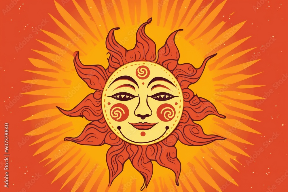 Stylized illustration of an orange sun with a face and sun beams in a yellow and orange background, generative AI Stylized illustration of an orange sun with a face and sun beams in a yellow and orange background, generative AI