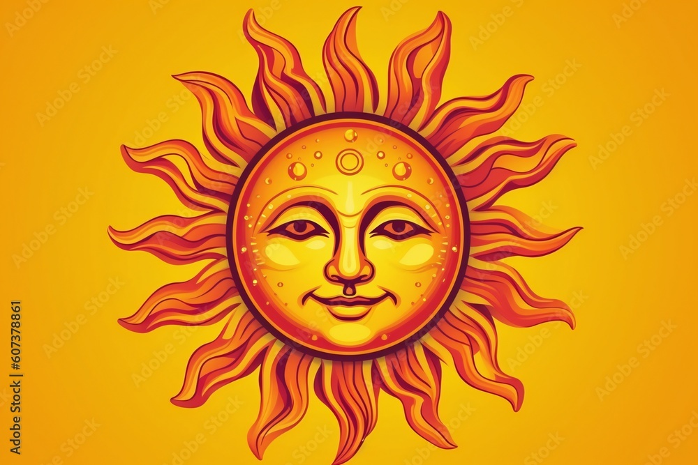 Stylized illustration of an orange sun with a face and sun beams in a yellow background, generative AI Stylized illustration of an orange sun with a face and sun beams in a yellow background, generative AI