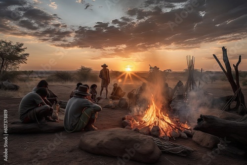nomadic tribe cooking over open fire, with view of the sunset, created with generative ai