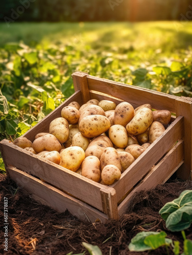 Organic potatoes in a wooden box on the field. Space for text, mockup, Generative AI  © fotogurmespb