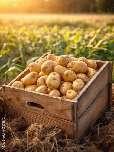 Organic potatoes in a wooden box on the field. Space for text, mockup, Generative AI © fotogurmespb