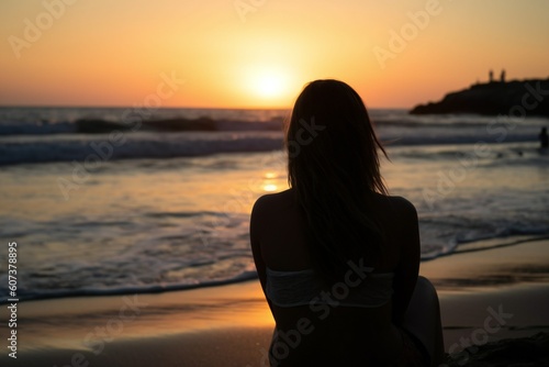 Blonde haired girl sitting peacefully at the beach and watching the sunset, generative AI