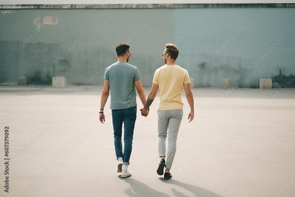 A gay couple walks hand in hand through the streets of a small town, generative AI.