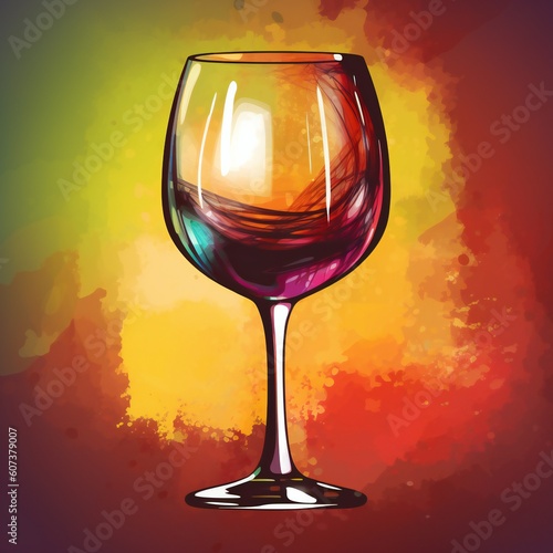 Illustration of a wine glass with a flowing red wine in a red and yellow background, generative AI