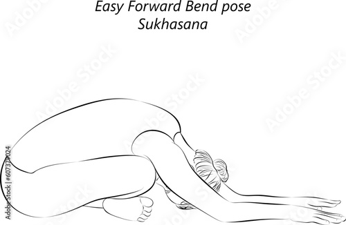 Sketch of young woman practicing yoga, doing Easy Forward Bend pose. Sukhasana. Seated and Neutral. Beginner. Vector illustration isolated on transparent background.