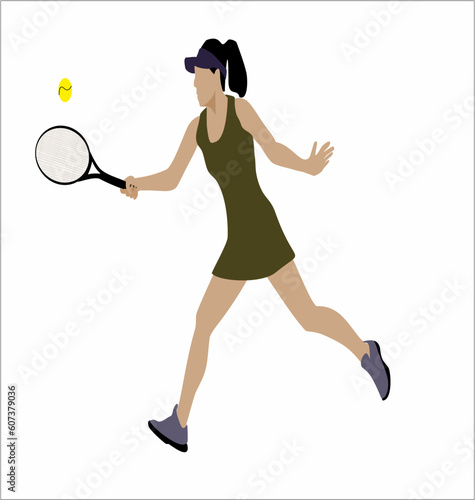 Female tennis player in action. Solid background, tennis, sport, player, silhouette, racket, ball, game, athlete, play, vector, badminton, woman, illustration, competition, people, sports, playing.