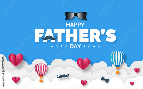 happy Father's Day background poster, greetings card or banner design template with parachute, cloud, necktie, glasses, hat, and gift box. celebrate in june. stylish papa typography design.