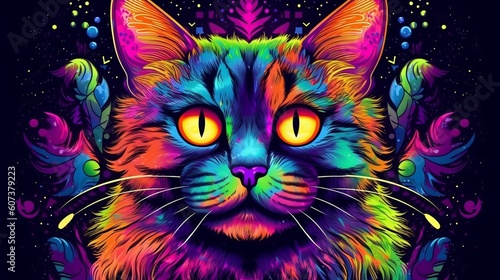 Psychedelic trippy cat cartoon 70s, rave style, acid color. Retrowave concept. Ai Generative