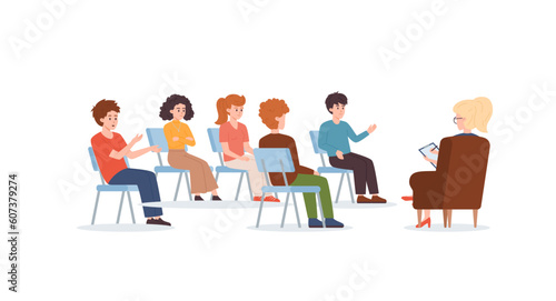 Vector illustration of Group therapy for addiction treatment concept with various people sitting in armchairs and talking in psychologist office