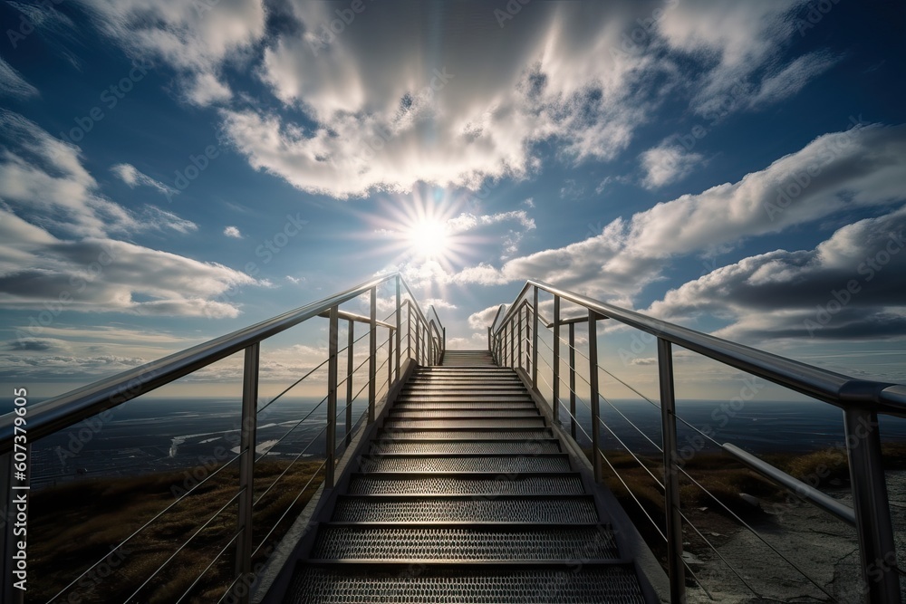 Fototapeta premium Large metal stairs, like a bridge, lead to the distant horizon to the sky, generative AI.