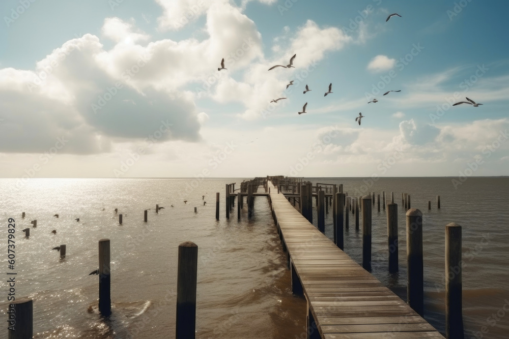 Seagulls' Haven: A Jetty Bathed in Sunlight. Generative AI