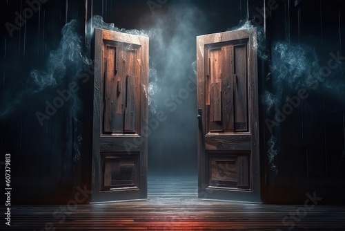 Entrance to dungeons and hell. A large open wooden door is shrouded in mist and cobwebs, generative AI