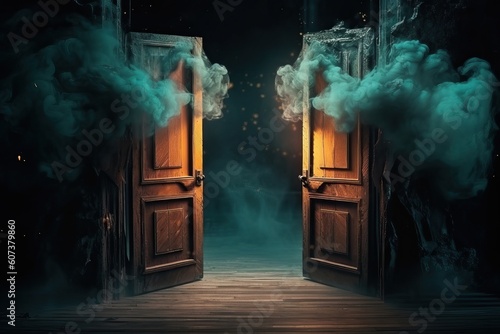 Entrance to dungeons and hell. A large open wooden door is shrouded in mist and cobwebs, generative AI