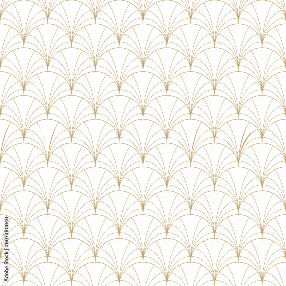 Luxury art deco seamless pattern. Golden vector geometric linear texture with thin curved lines, fish scale ornament, peacock pattern, grid, lattice. Elegant gold and white abstract background design