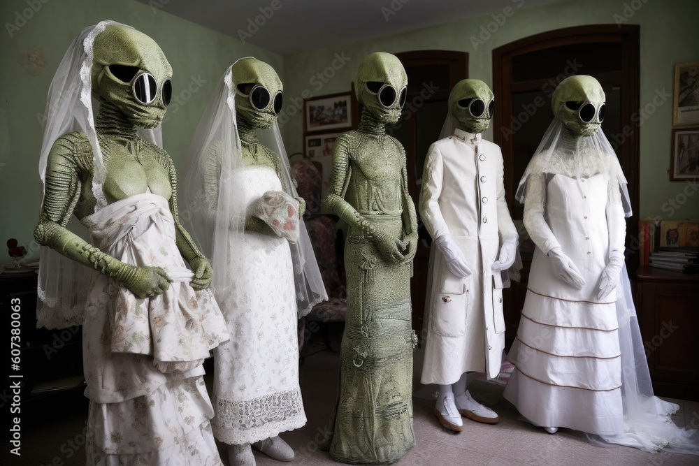 alien family getting ready for the big day, with each member putting on their ceremonial attire, created with generative ai