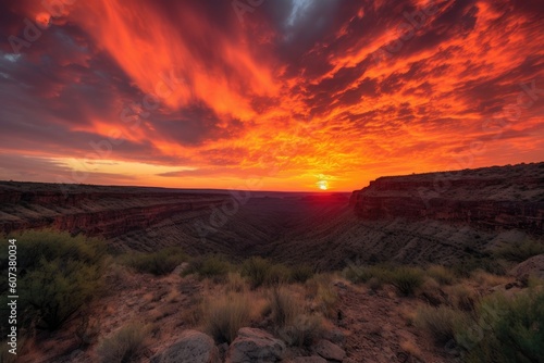 fiery sunset over canyon, with clouds and sky in the background, created with generative ai