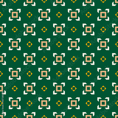 Vector geometric floral ornament in modern ethnic style. Abstract seamless pattern with simple shapes, flower silhouettes, squares. Retro vintage background. Green, yellow, beige. Repeat geo design