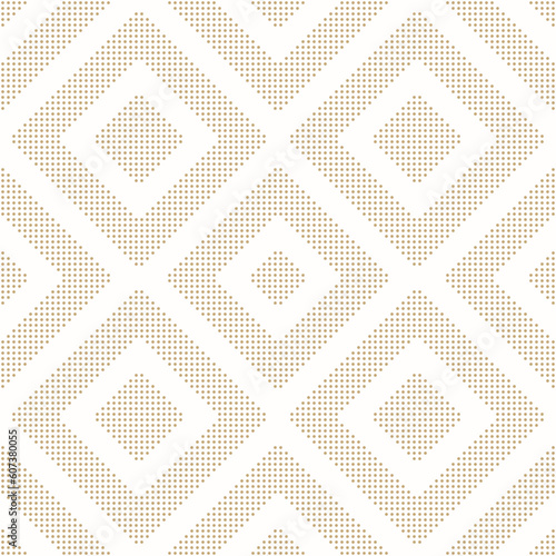 Gold and white vector geometric seamless pattern with lines, stripes, squares made for small dots. Luxury abstract graphic texture. Simple minimal dotted background. Modern repeat golden geo design