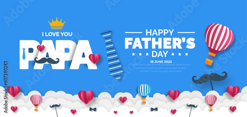 happy Father's Day background poster, greetings card or banner design template with parachute, cloud, necktie, glasses, hat, and gift box. celebrate in june. stylish papa typography design.