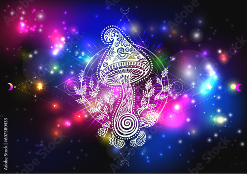 Magic Mushrooms. Psychedelic poster.Vector illustration. Zen boho art. Space, Galaxy, Mystic background. Decorative mushrooms, hippie, neon hallucination psilocybin 60s 70s