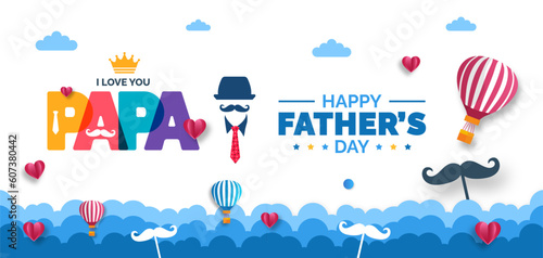 happy Father's Day background poster, greetings card or banner design template with parachute, cloud, necktie, glasses, hat, and gift box. celebrate in june. stylish papa typography design.