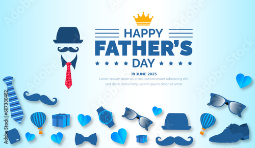 happy Father's Day background poster or banner design template celebrate in june. Father's Day background or banner with necktie, glasses, hat, and gift box. happy fathers day poster, greetings.