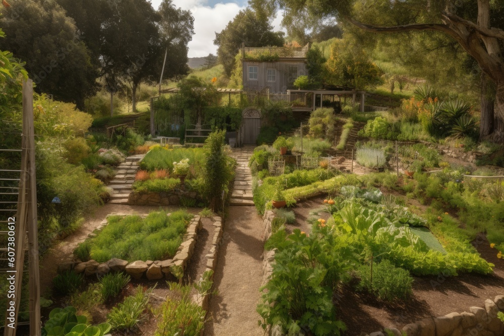 edible landscape, with fruit trees and vegetable garden, surrounded by natural beauty, created with generative ai