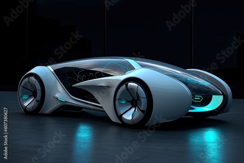 Car of the future with a blue backlight on a dark gray background, generative AI.