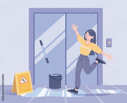 Carefully washed concept. Woman slips on wet floor next to elevator. Young girl near basket with cleaning supplies and warning caution sign indoor. Cartoon flat vector illustration
