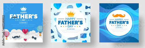 happy Father's Day social media post greetings, banner,  background and poster design template celebrate in june. Father's Day background or banner with necktie, glasses, hat, and gift box. 