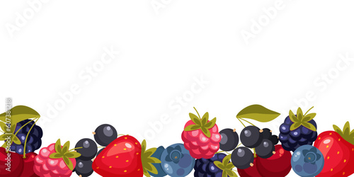 template, frame of raspberries, blackberries, blueberries, currants, blueberries, strawberries. vector illustration. free white circle for text