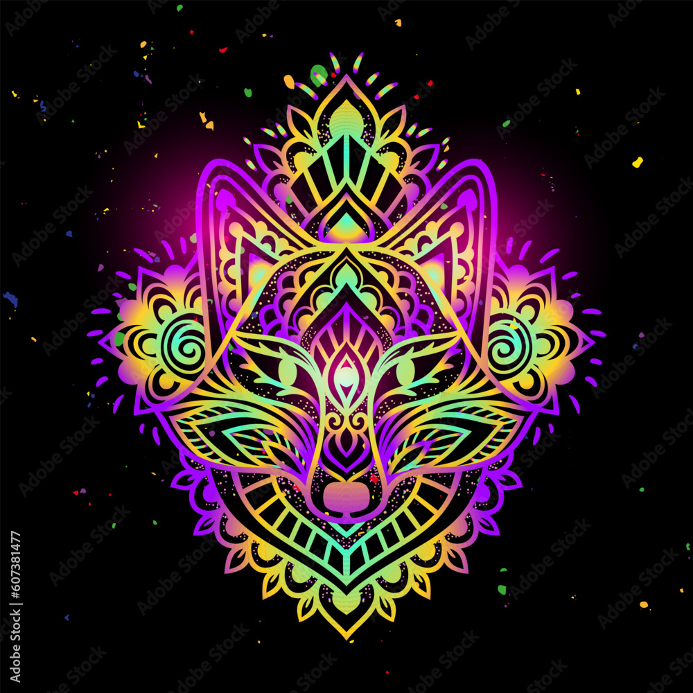 Fototapeta premium Fox mandala head psychedelic. Vector illustration. Colorful Ethnic drawing. Fox animal in Zen boho style. For party hippie, hallucination psilocybin 60s, 70s