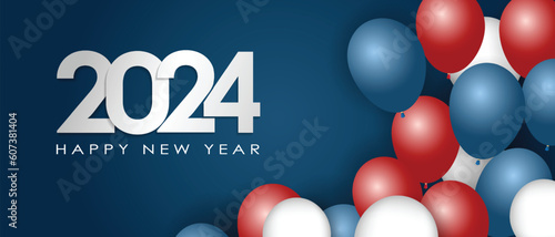 Happy New Year 2024 Elegant gold text with balloons and confetti. Realistic