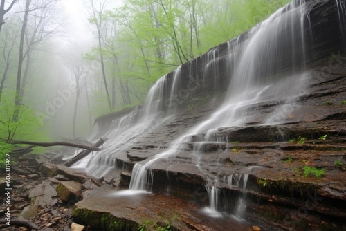 close-up of cascading spring waterfalls  with droplets and mist visible  created with generative ai