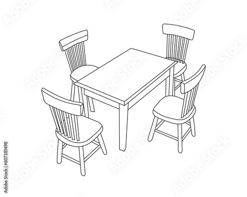 Hand Drawn outline of Restaurant Furniture Set, Chairs and Table, with white background