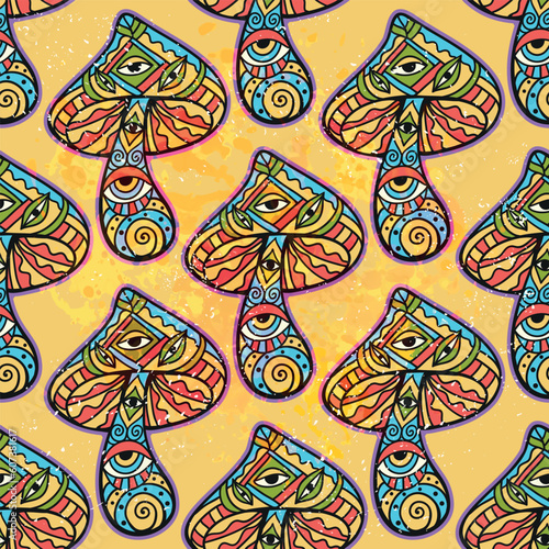 Magic Mushrooms mandala. Psychedelic pattern. Vector illustration. Zen Boho art. Decorative mushrooms, hippie, hallucination psilocybin 60s 70s
